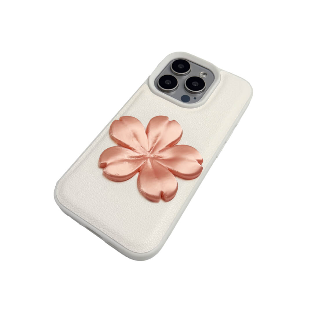 Matte Sakura iPhone Case collection showing three variants: Clear Case with Romantic Pink 3D Sakura, White Lychee Leather Case with Pure White 3D Sakura, and Clear Case with Blush Pink 3D Sakura. All feature the exclusive 3D printed floral relief design.