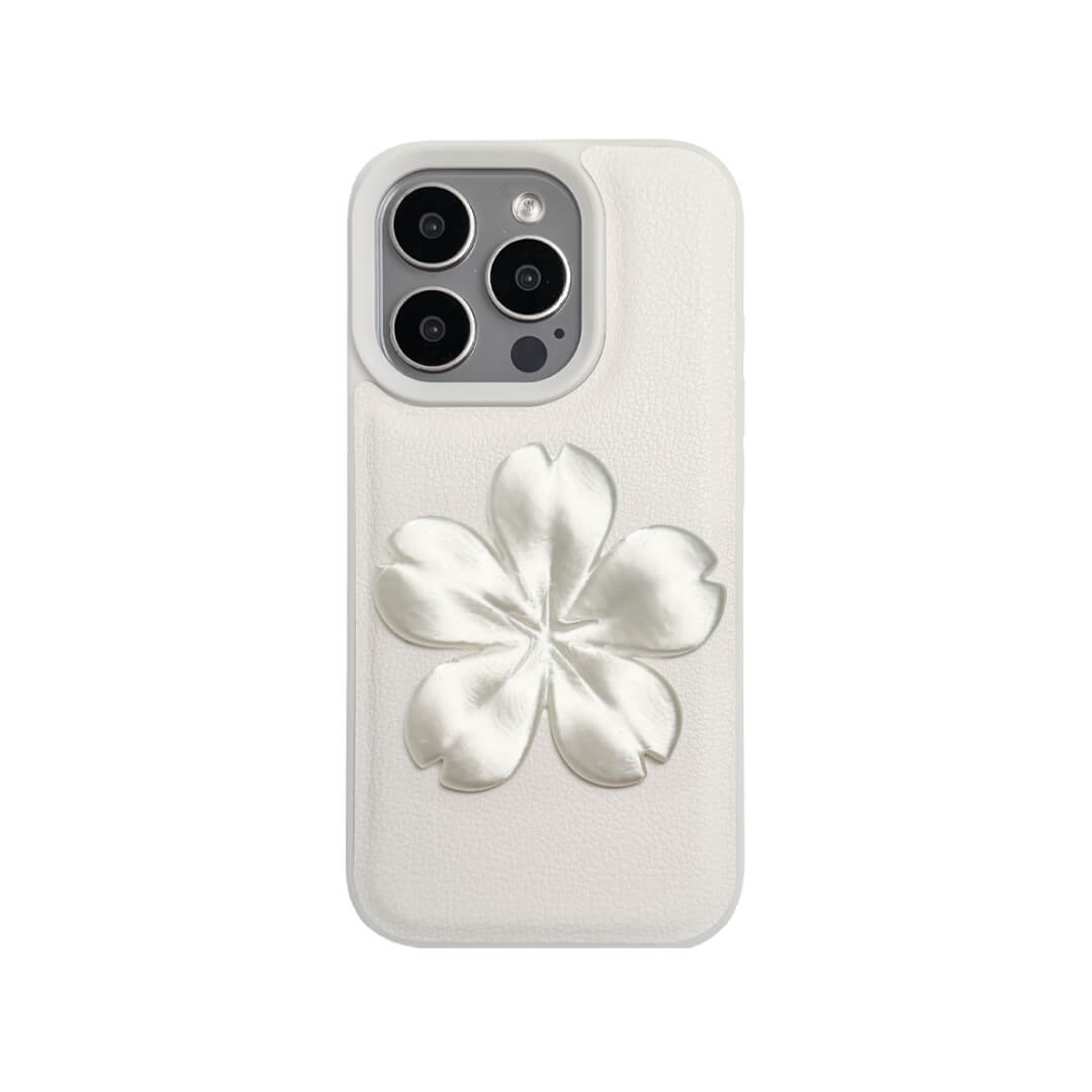 Matte Sakura iPhone Case collection showing three variants: Clear Case with Romantic Pink 3D Sakura, White Lychee Leather Case with Pure White 3D Sakura, and Clear Case with Blush Pink 3D Sakura. All feature the exclusive 3D printed floral relief design.