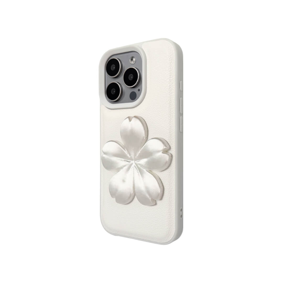 Matte Sakura iPhone Case collection showing three variants: Clear Case with Romantic Pink 3D Sakura, White Lychee Leather Case with Pure White 3D Sakura, and Clear Case with Blush Pink 3D Sakura. All feature the exclusive 3D printed floral relief design.