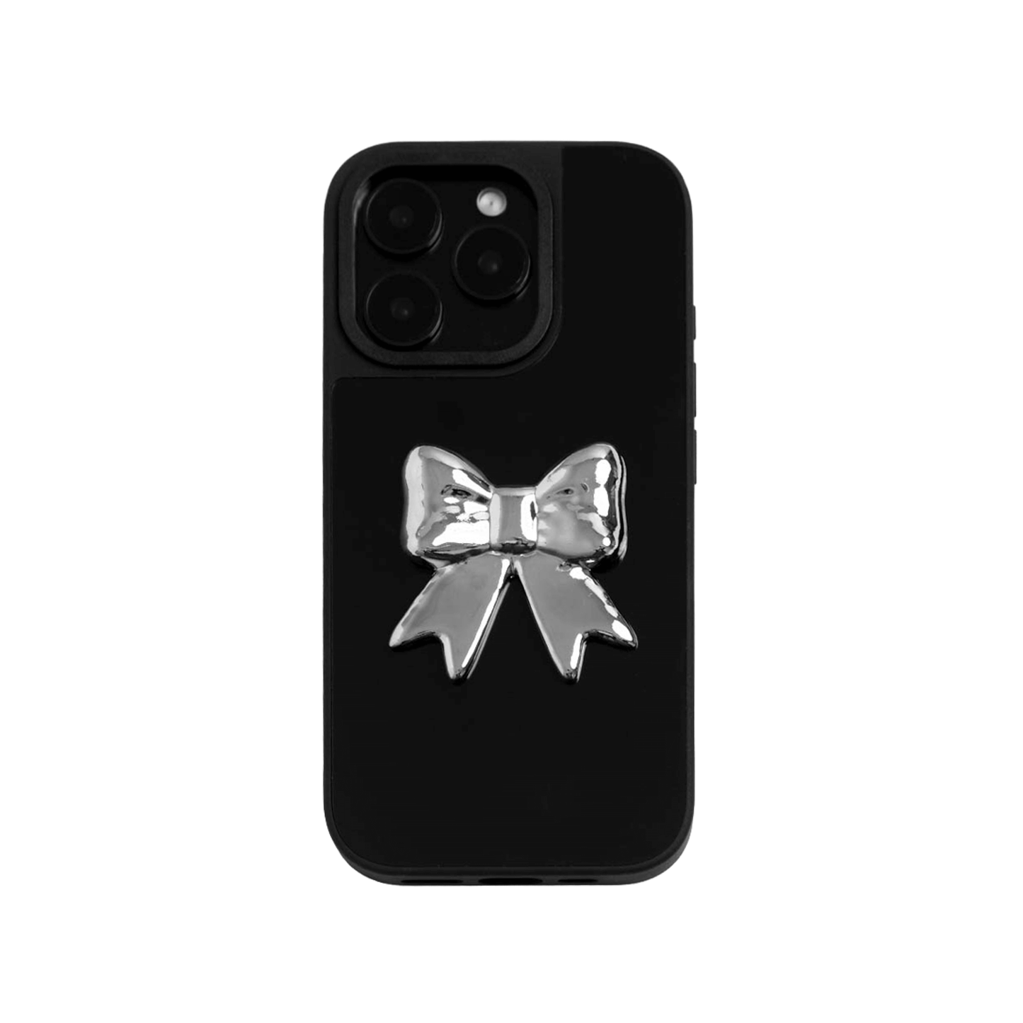 A collection of four black iPhone cases, each adorned with a distinct silver 3D metal emblem: a prominent bow tie, a sleek circular stud, an intricate spider, and a stylized four-point cross.