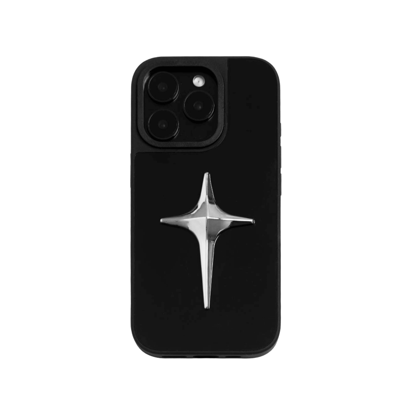 A collection of four black iPhone cases, each adorned with a distinct silver 3D metal emblem: a prominent bow tie, a sleek circular stud, an intricate spider, and a stylized four-point cross.