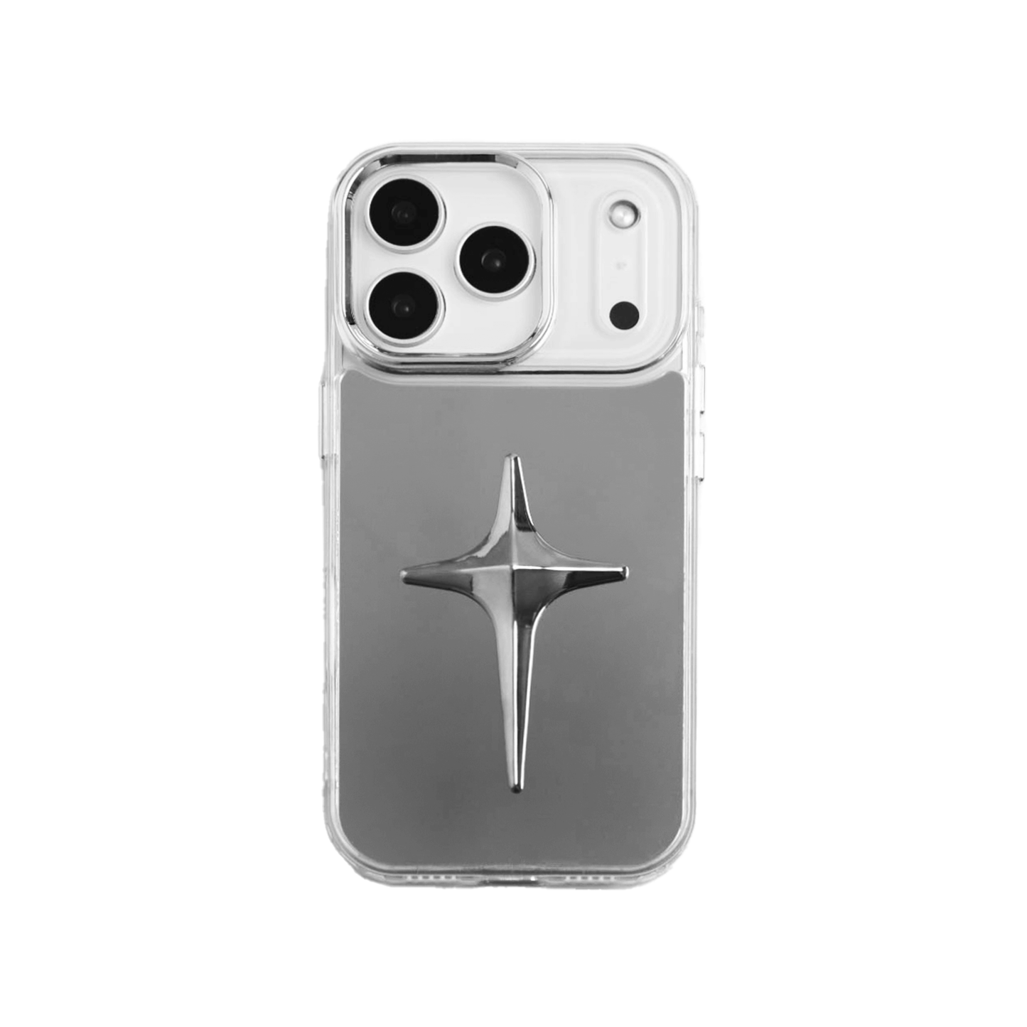 A collection of four black iPhone cases, each adorned with a distinct silver 3D metal emblem: a prominent bow tie, a sleek circular stud, an intricate spider, and a stylized four-point cross.