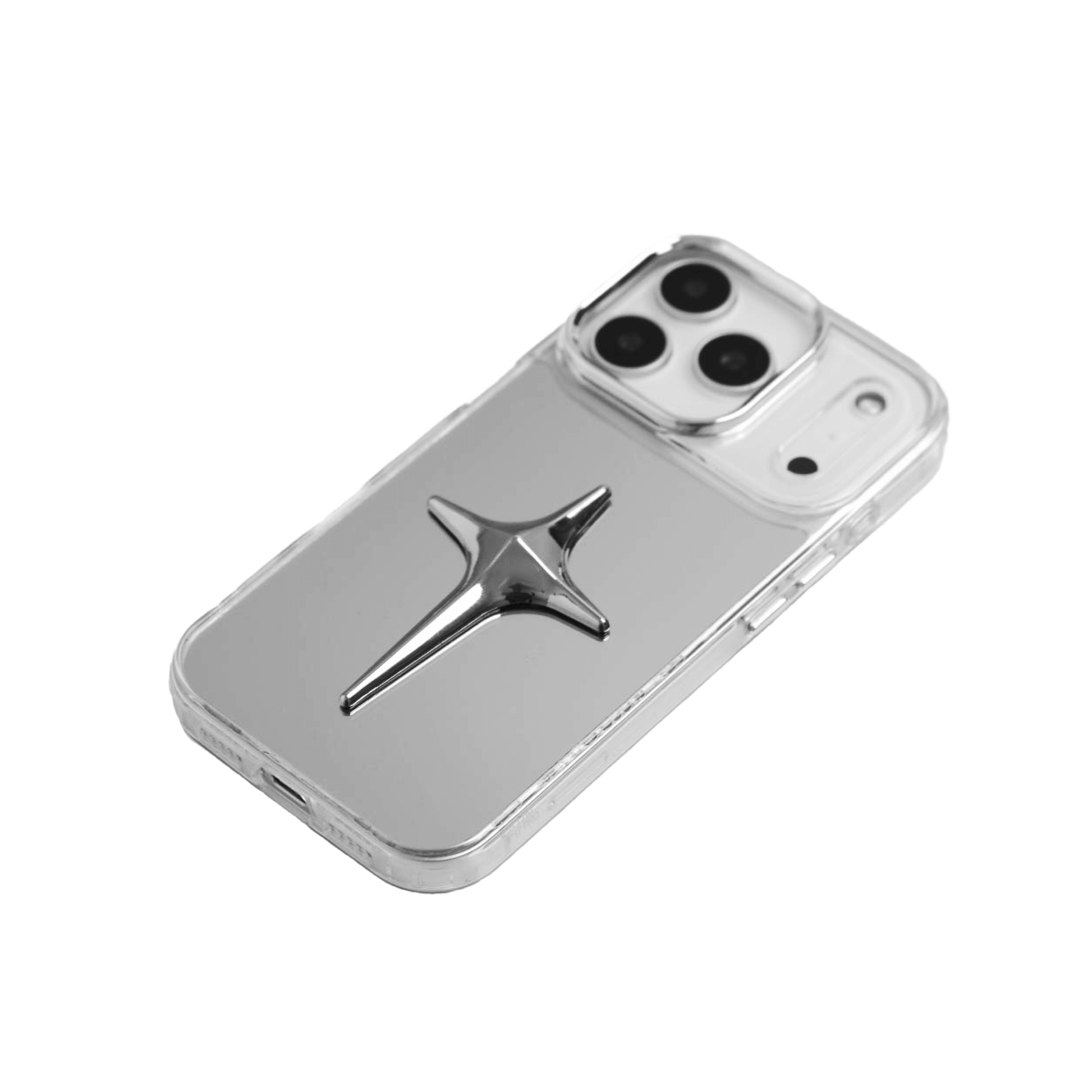 A collection of four black iPhone cases, each adorned with a distinct silver 3D metal emblem: a prominent bow tie, a sleek circular stud, an intricate spider, and a stylized four-point cross.