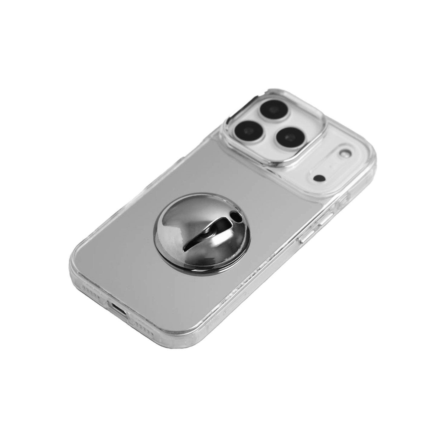 A collection of four black iPhone cases, each adorned with a distinct silver 3D metal emblem: a prominent bow tie, a sleek circular stud, an intricate spider, and a stylized four-point cross.