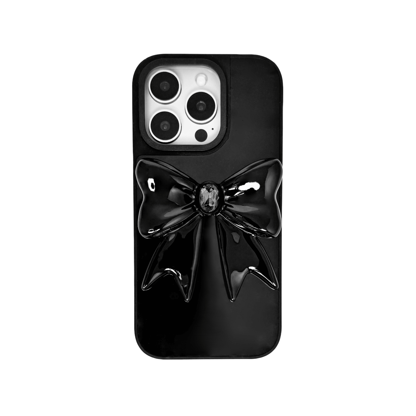 Midnight Gem Bow iPhone Case with 3D bow design, available in mirror silver and glossy black. Swarovski crystal centerpiece offered in black, white, or pink.