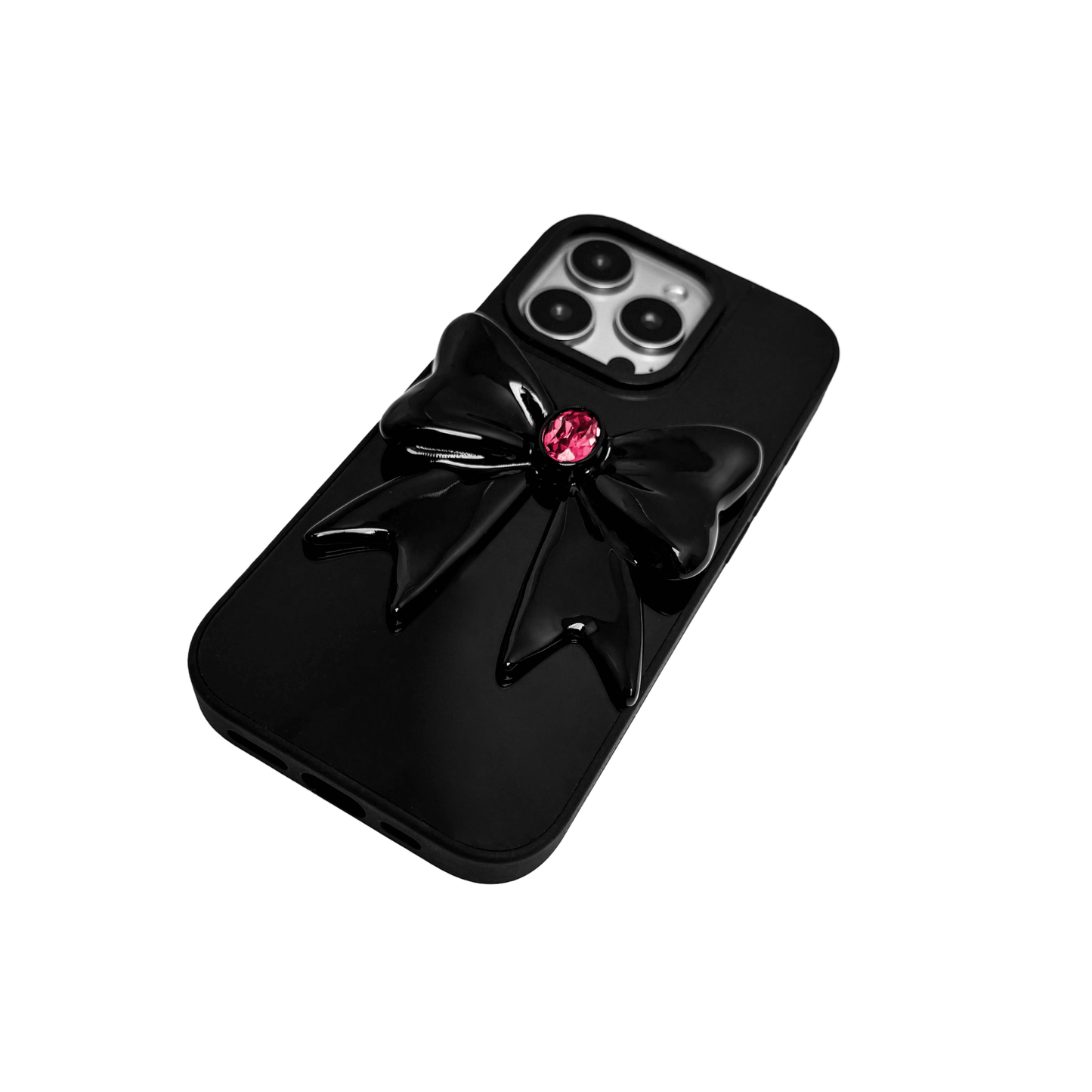 Midnight Gem Bow iPhone Case with 3D bow design, available in mirror silver and glossy black. Swarovski crystal centerpiece offered in black, white, or pink.