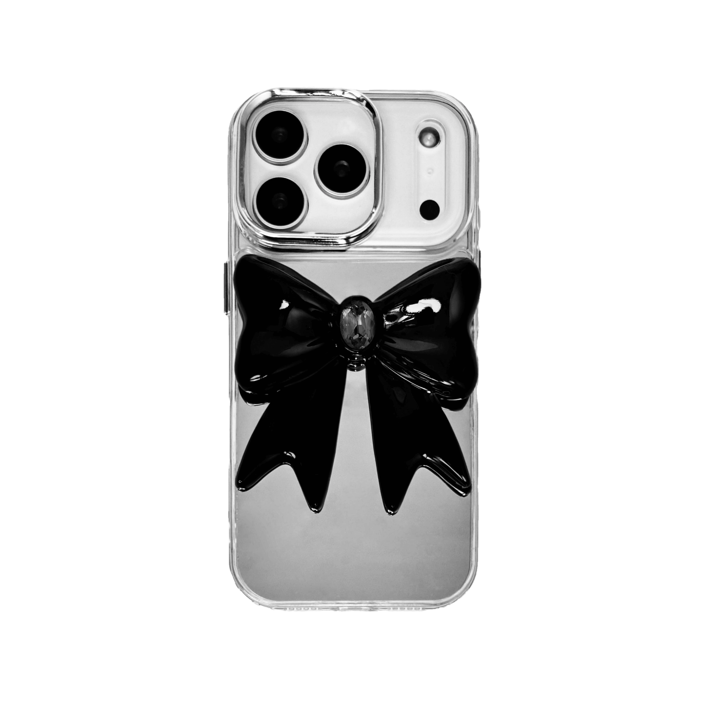 Midnight Gem Bow iPhone Case with 3D bow design, available in mirror silver and glossy black. Swarovski crystal centerpiece offered in black, white, or pink.