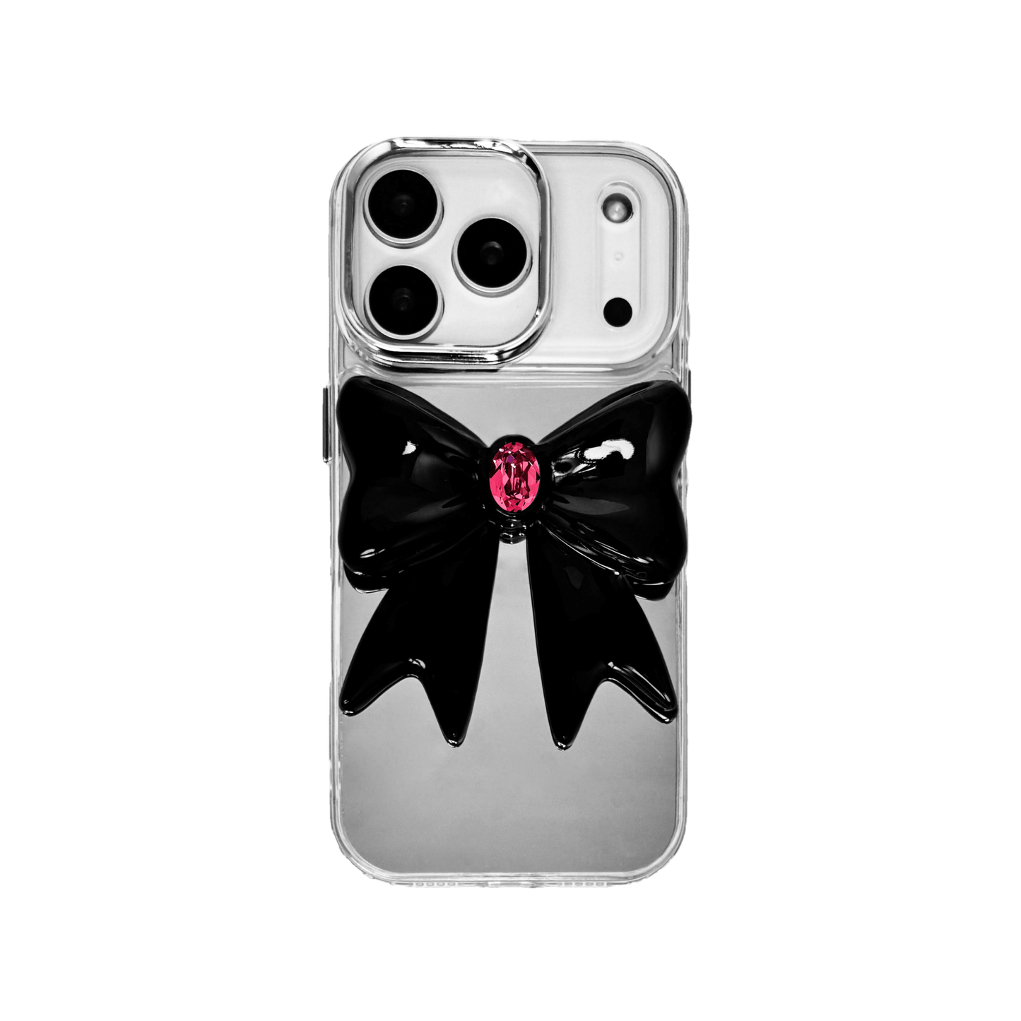 Midnight Gem Bow iPhone Case with 3D bow design, available in mirror silver and glossy black. Swarovski crystal centerpiece offered in black, white, or pink.