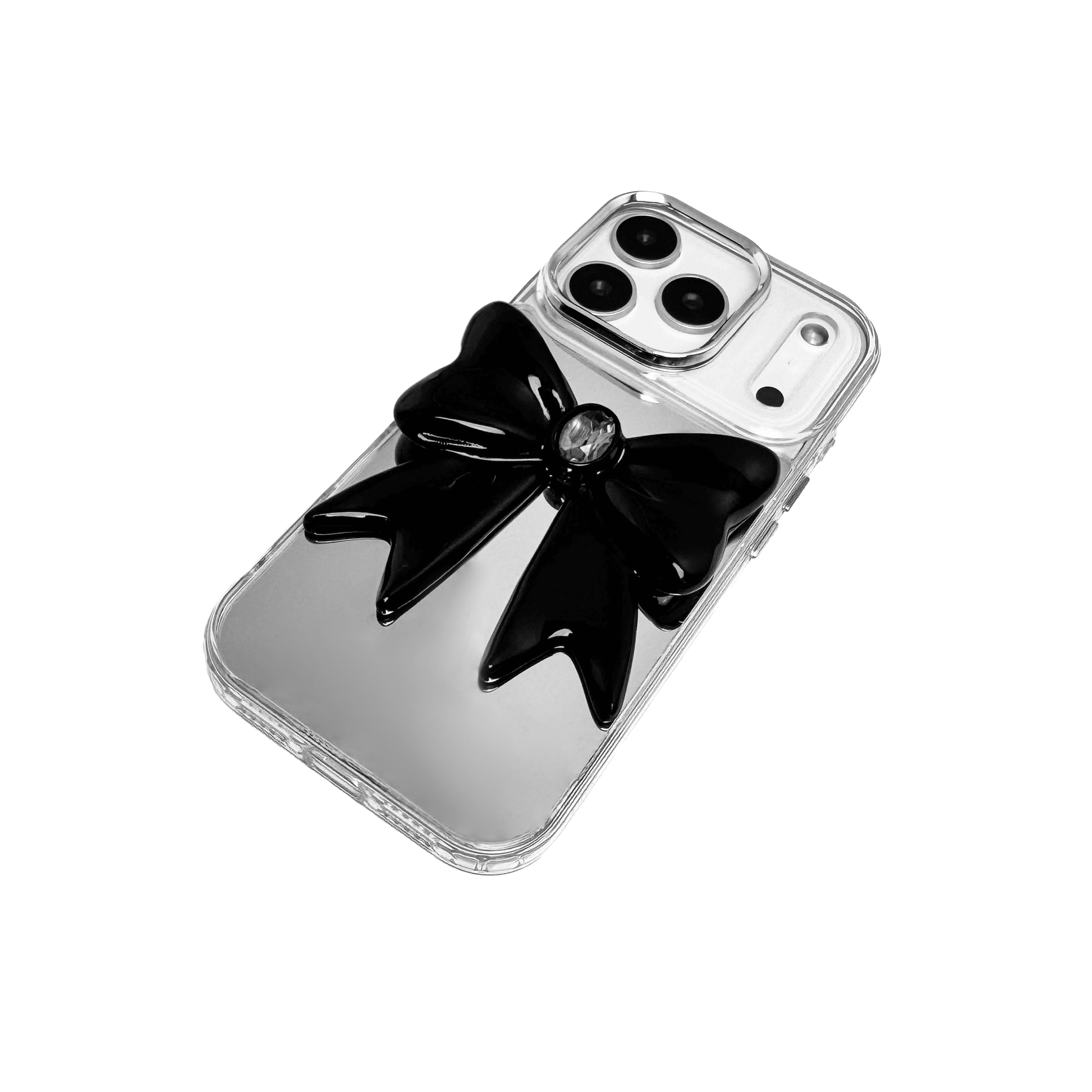 Midnight Gem Bow iPhone Case with 3D bow design, available in mirror silver and glossy black. Swarovski crystal centerpiece offered in black, white, or pink.