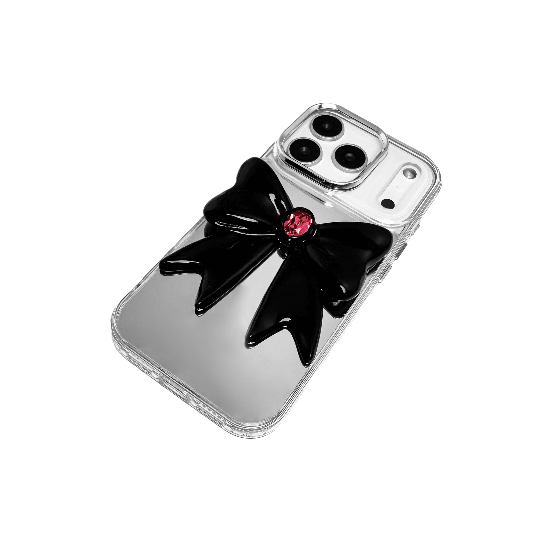 Midnight Gem Bow iPhone Case with 3D bow design, available in mirror silver and glossy black. Swarovski crystal centerpiece offered in black, white, or pink.