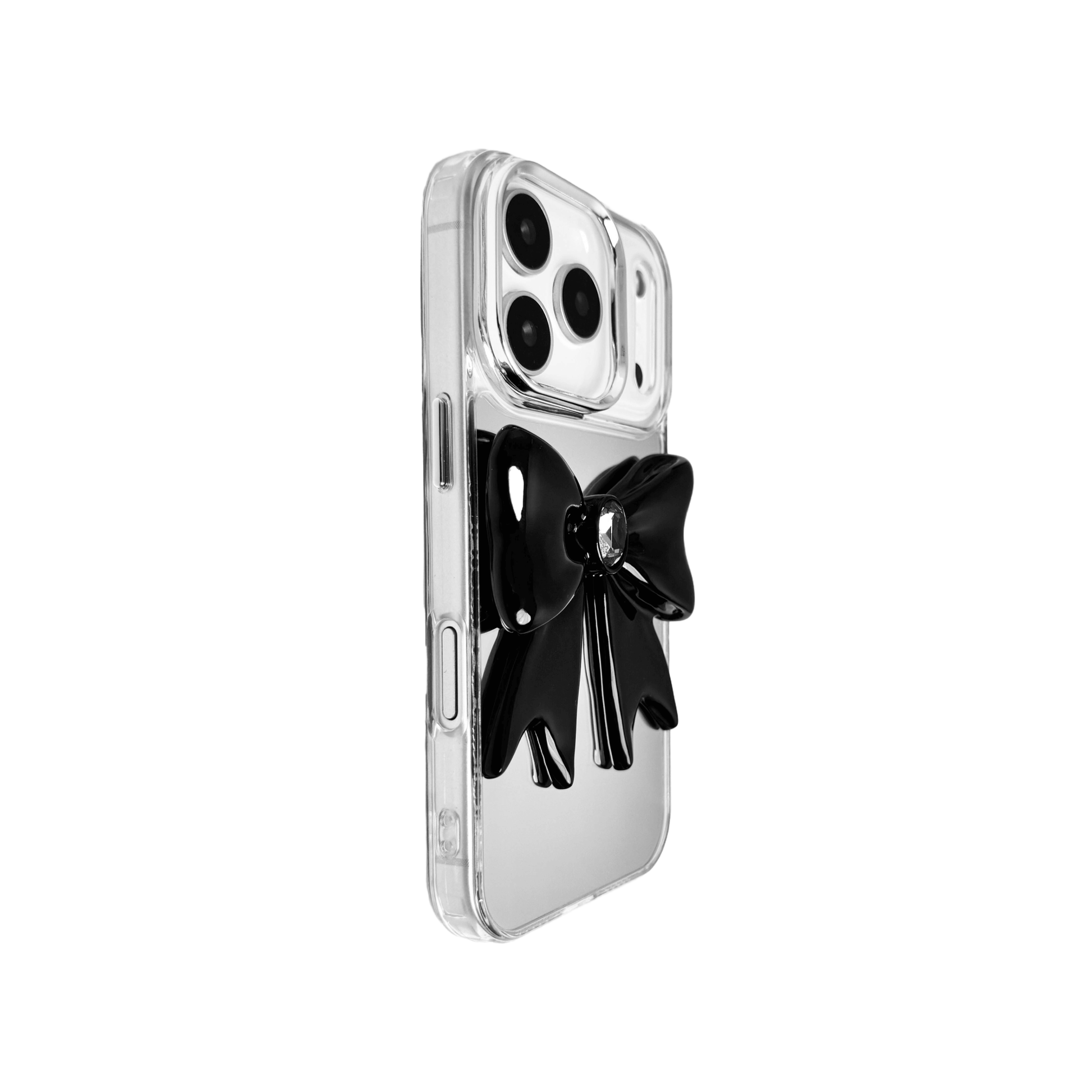 Midnight Gem Bow iPhone Case with 3D bow design, available in mirror silver and glossy black. Swarovski crystal centerpiece offered in black, white, or pink.