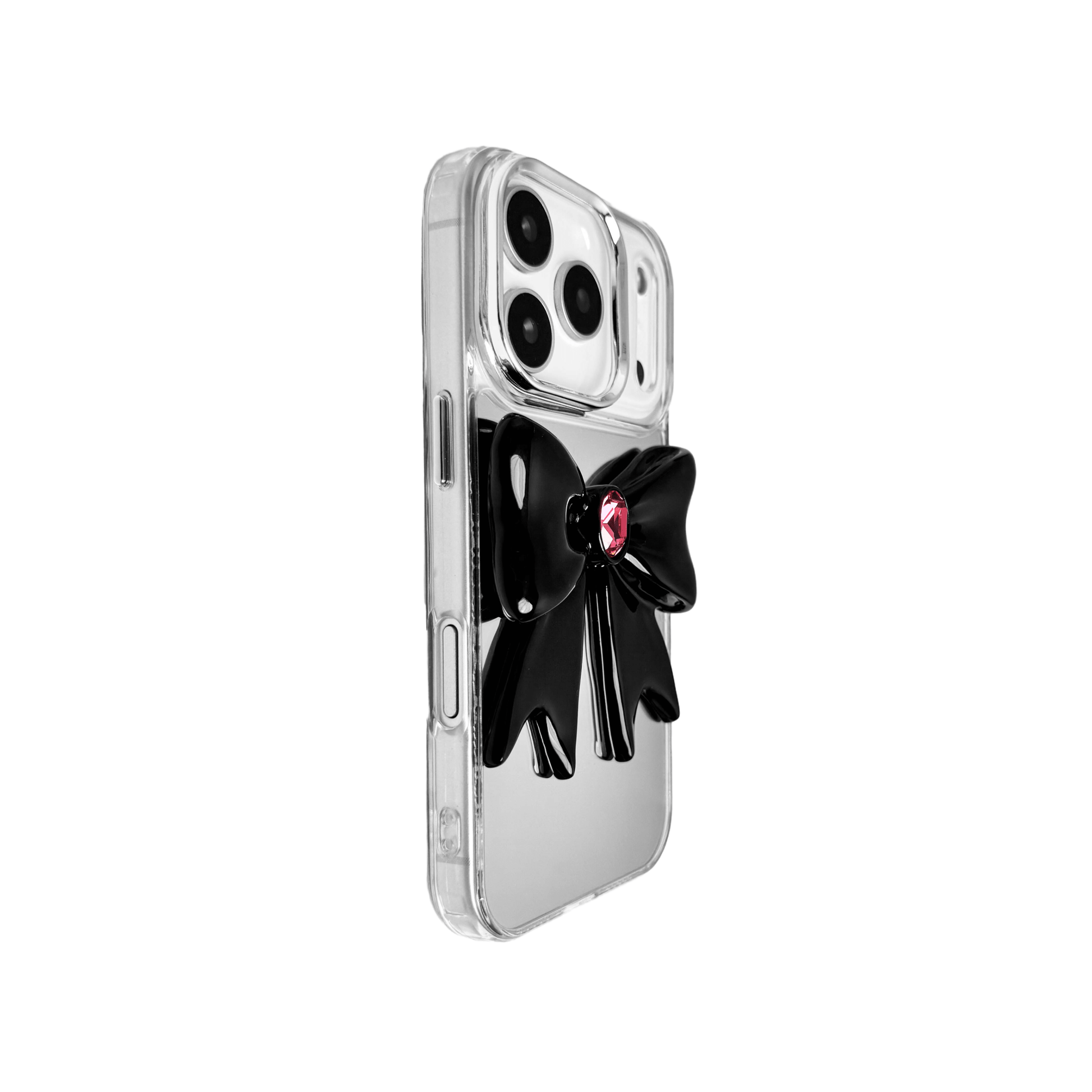 Midnight Gem Bow iPhone Case with 3D bow design, available in mirror silver and glossy black. Swarovski crystal centerpiece offered in black, white, or pink.