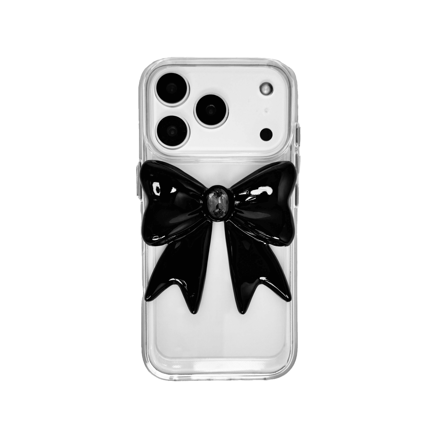 Midnight Gem Bow iPhone Case with 3D bow design, available in mirror silver and glossy black. Swarovski crystal centerpiece offered in black, white, or pink.