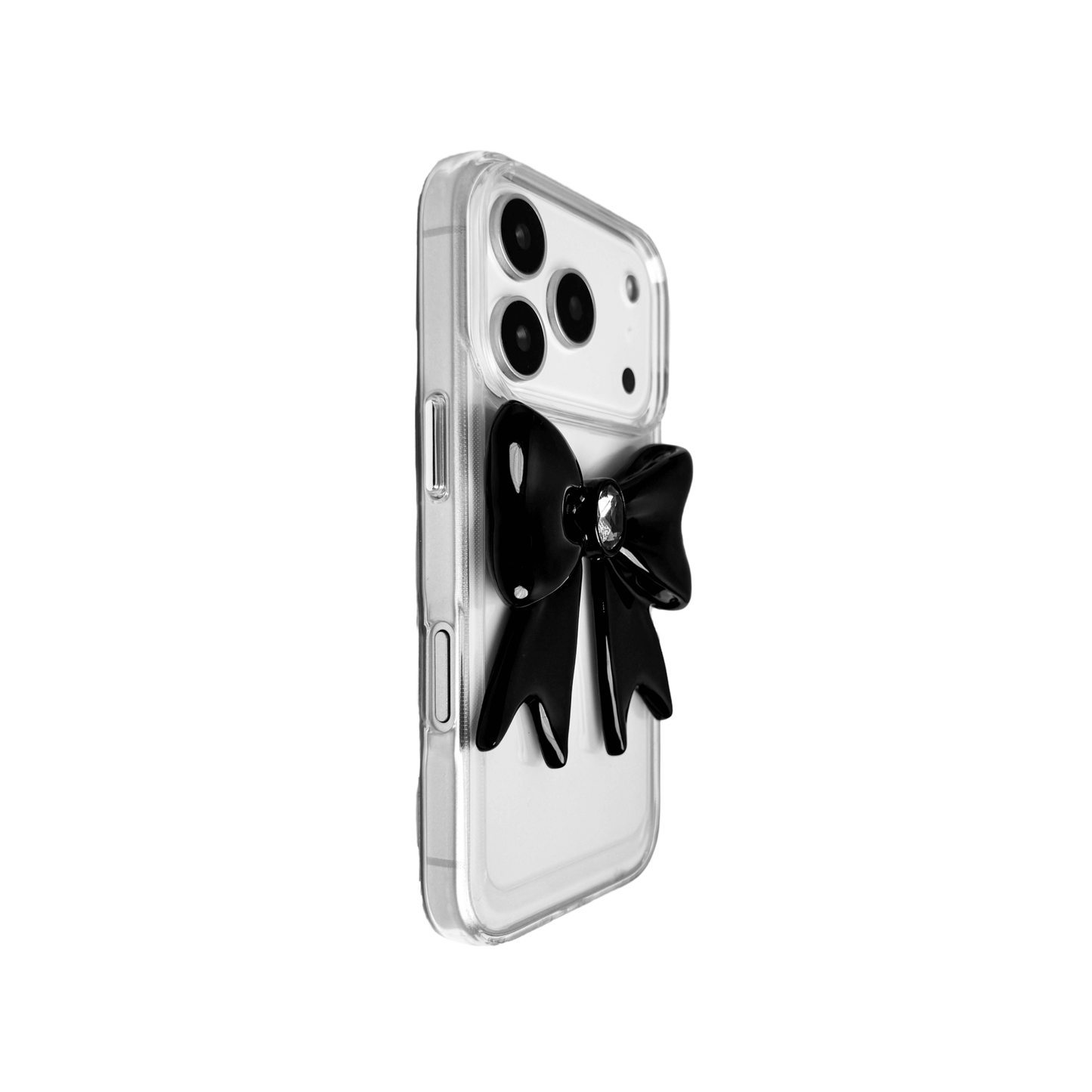 Midnight Gem Bow iPhone Case with 3D bow design, available in mirror silver and glossy black. Swarovski crystal centerpiece offered in black, white, or pink.