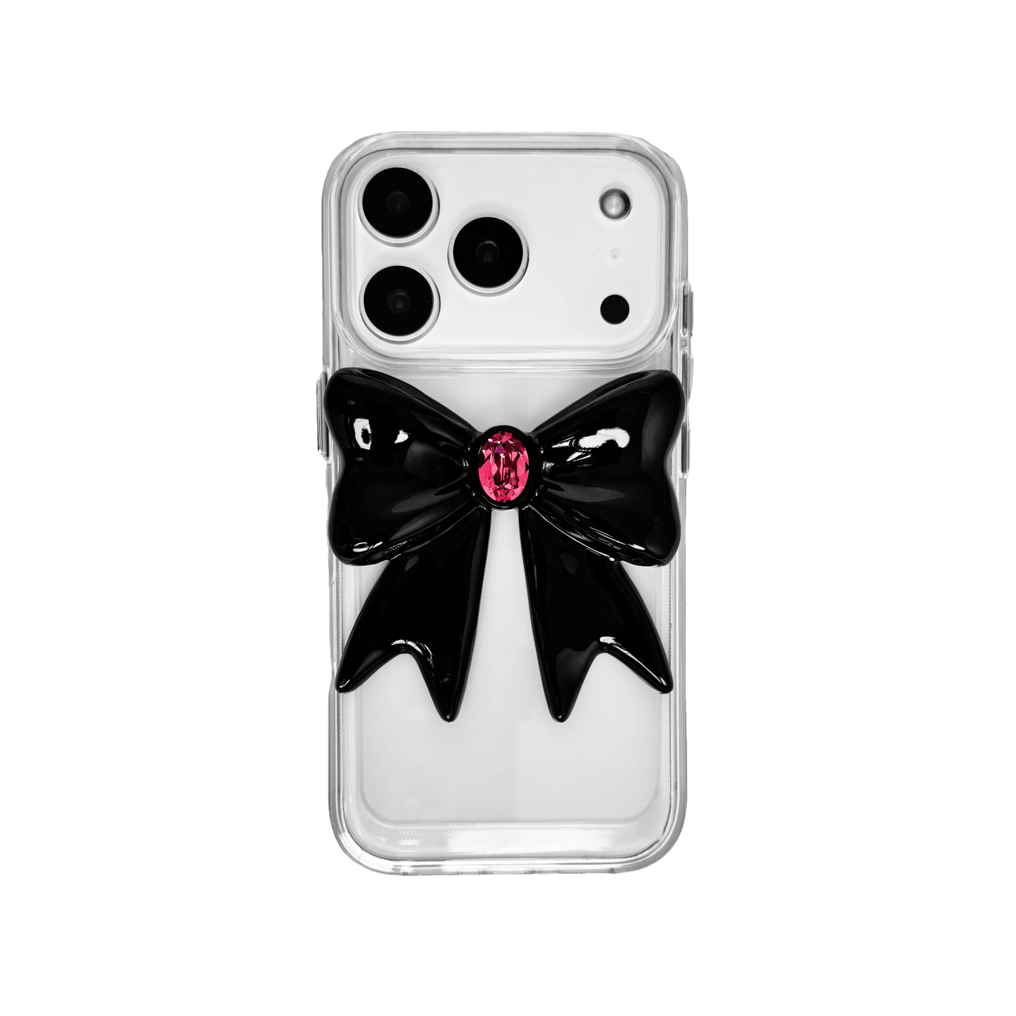 Midnight Gem Bow iPhone Case with 3D bow design, available in mirror silver and glossy black. Swarovski crystal centerpiece offered in black, white, or pink.