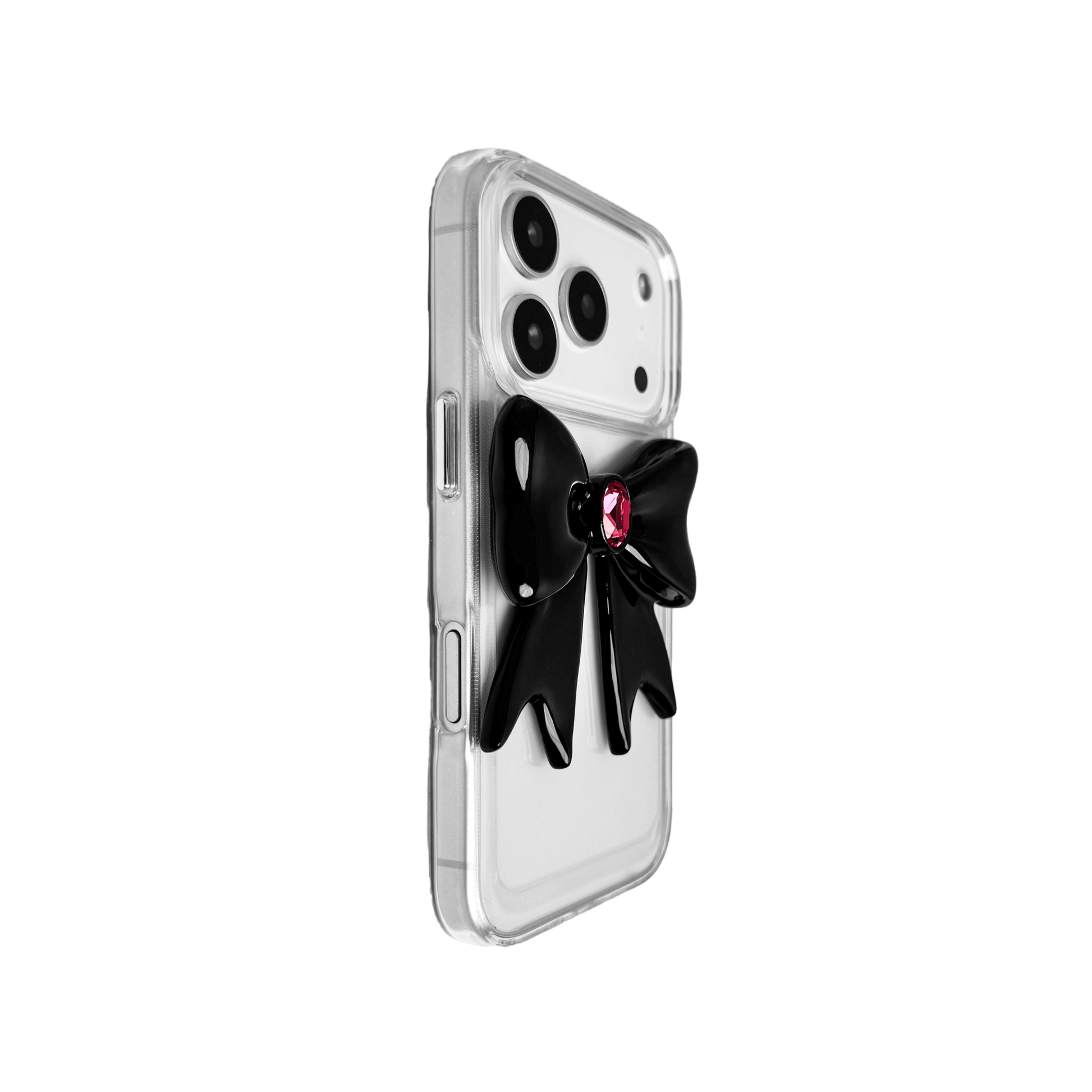 Midnight Gem Bow iPhone Case with 3D bow design, available in mirror silver and glossy black. Swarovski crystal centerpiece offered in black, white, or pink.