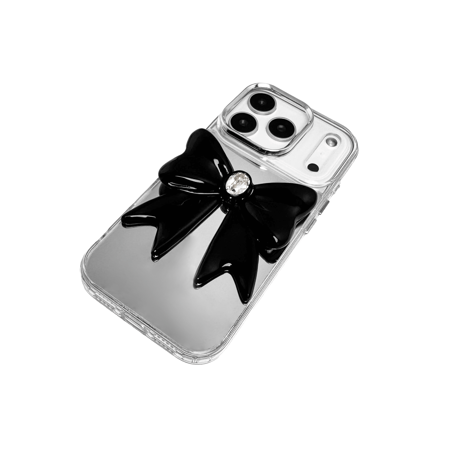 Midnight Gem Bow iPhone Case with 3D bow design, available in mirror silver and glossy black. Swarovski crystal centerpiece offered in black, white, or pink.