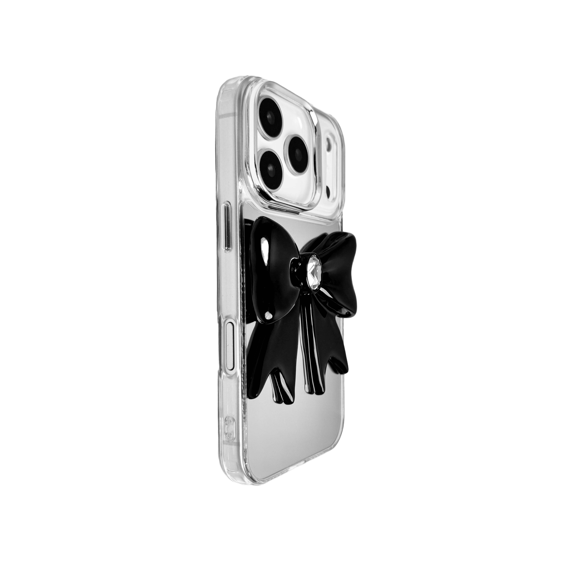 Midnight Gem Bow iPhone Case with 3D bow design, available in mirror silver and glossy black. Swarovski crystal centerpiece offered in black, white, or pink.