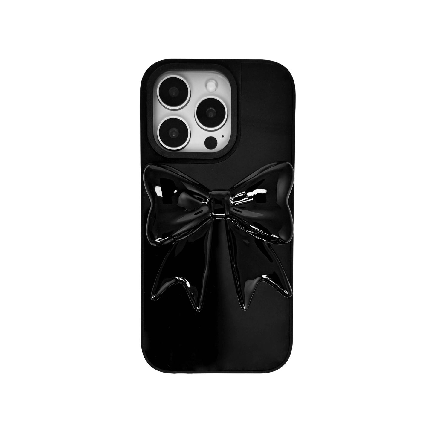 Monochrome Bow iPhone Case in black and white, featuring a glossy 3D bow design on a clear base.