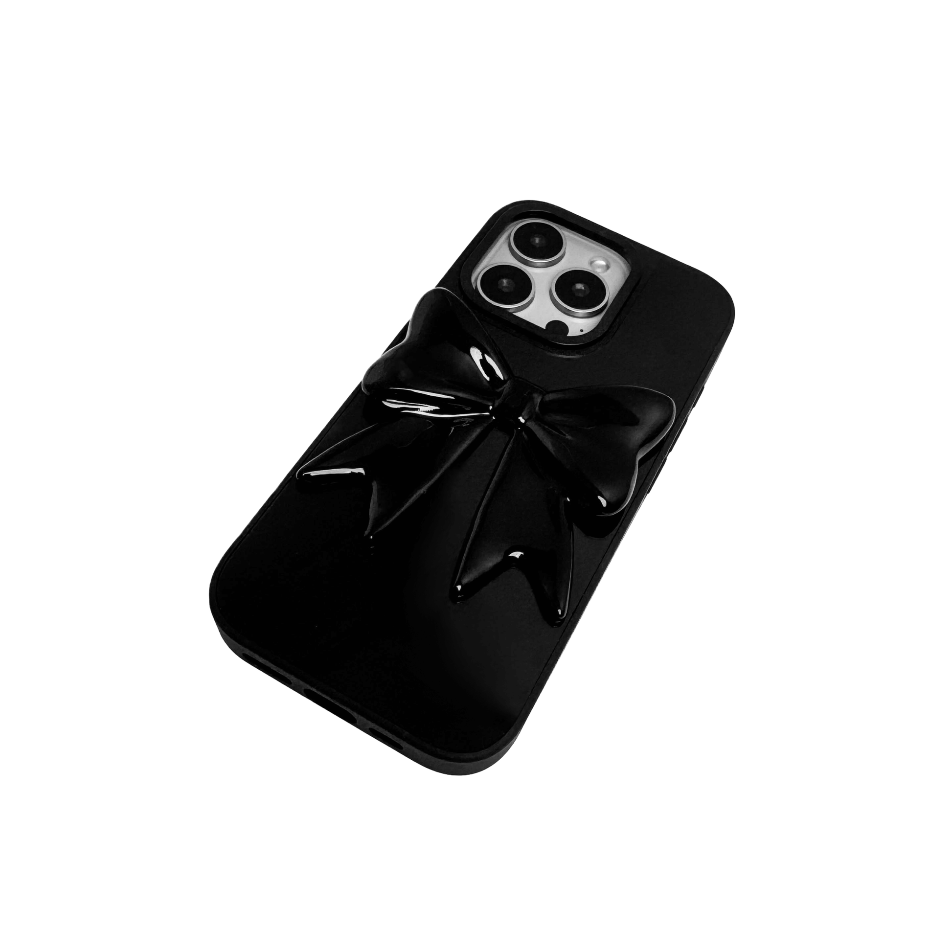 Monochrome Bow iPhone Case in black and white, featuring a glossy 3D bow design on a clear base.