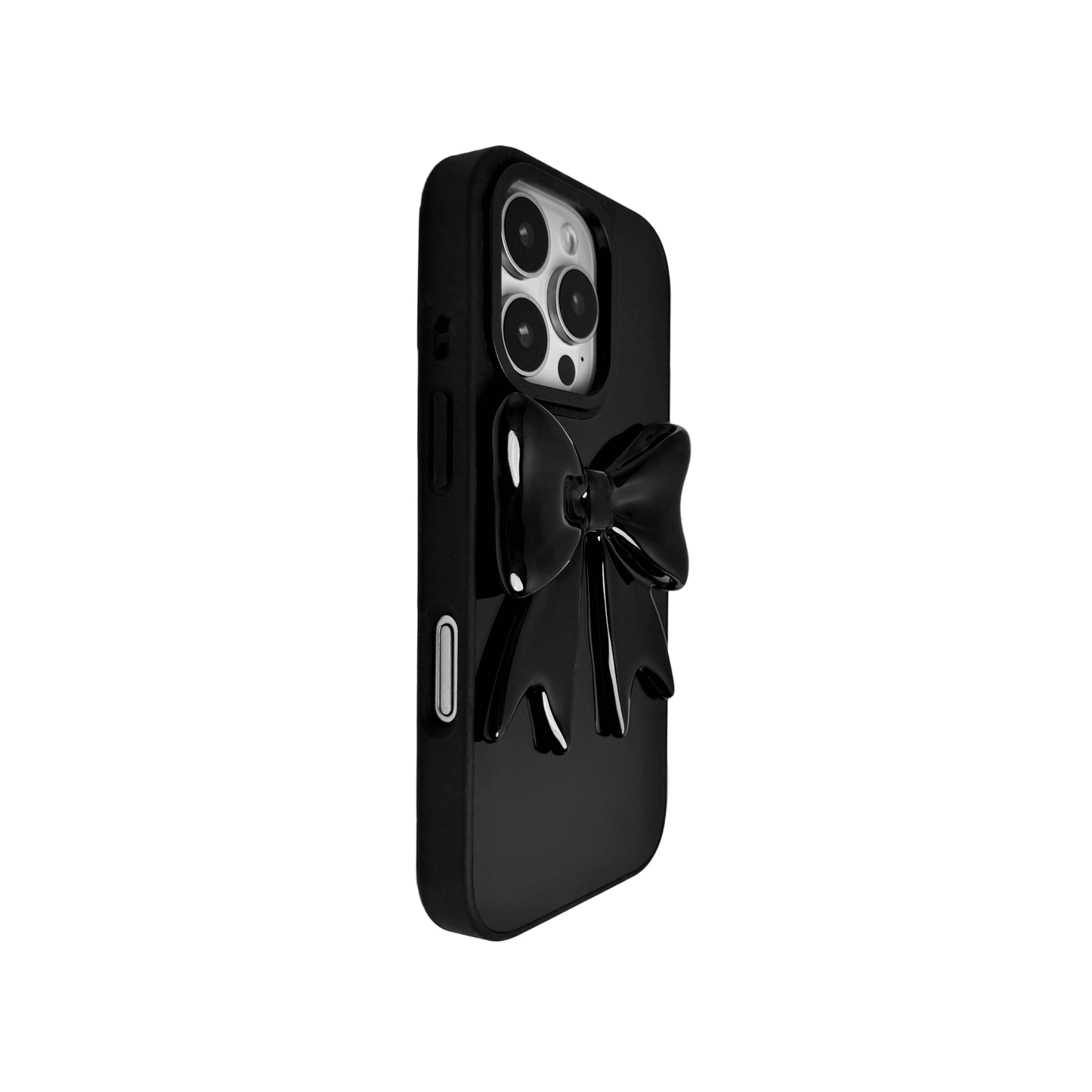 Monochrome Bow iPhone Case in black and white, featuring a glossy 3D bow design on a clear base.