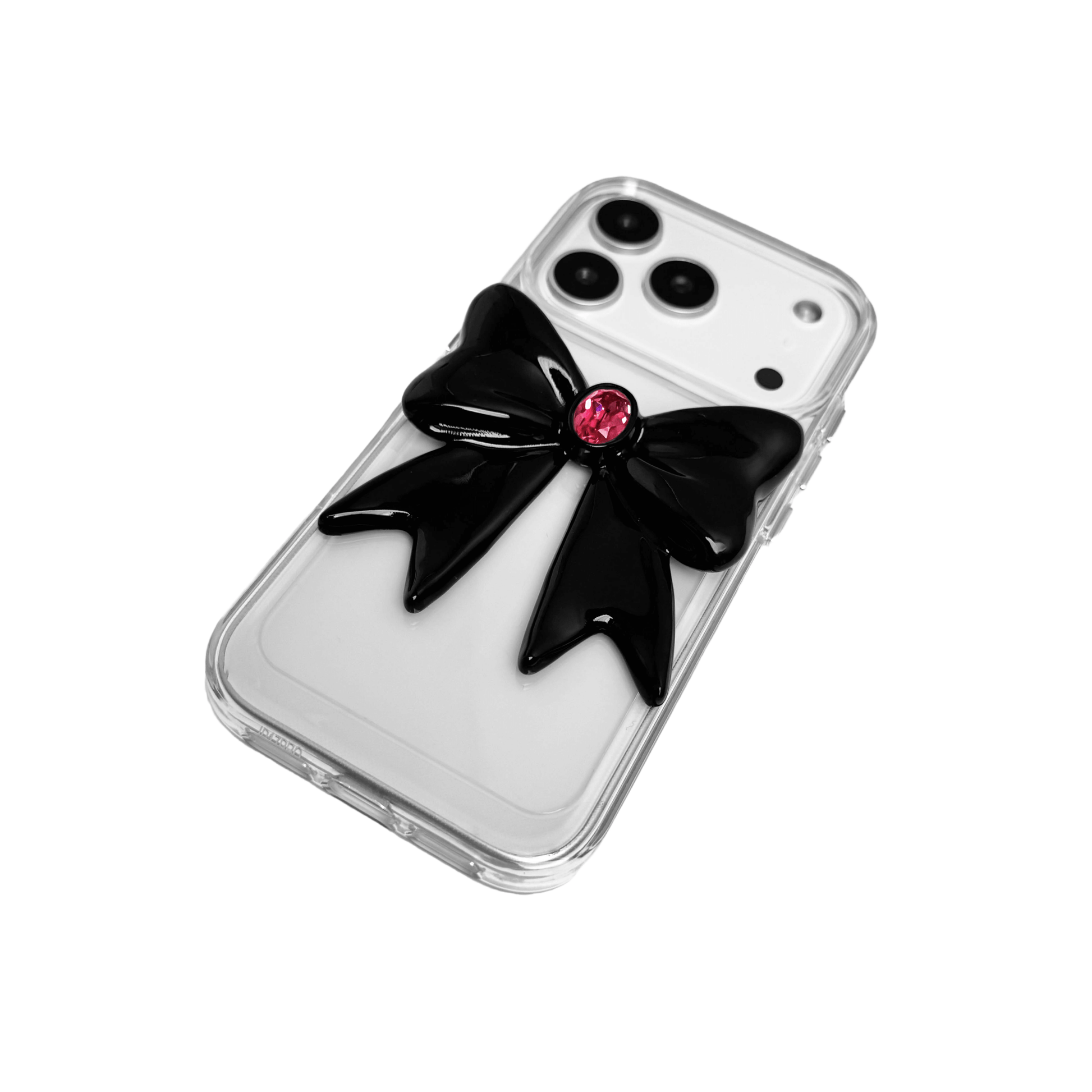 Midnight Gem Bow iPhone Case with 3D bow design, available in mirror silver and glossy black. Swarovski crystal centerpiece offered in black, white, or pink.