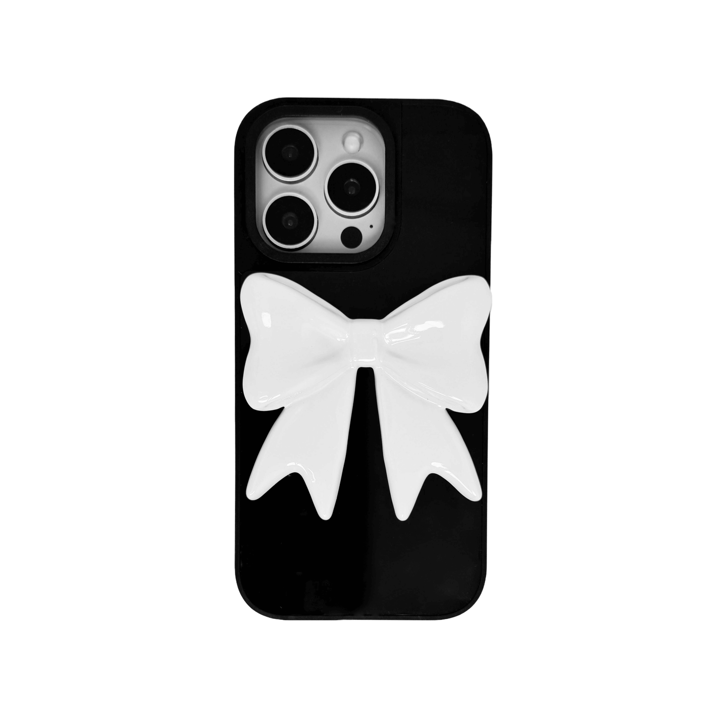 Monochrome Bow iPhone Case in black and white, featuring a glossy 3D bow design on a clear base.