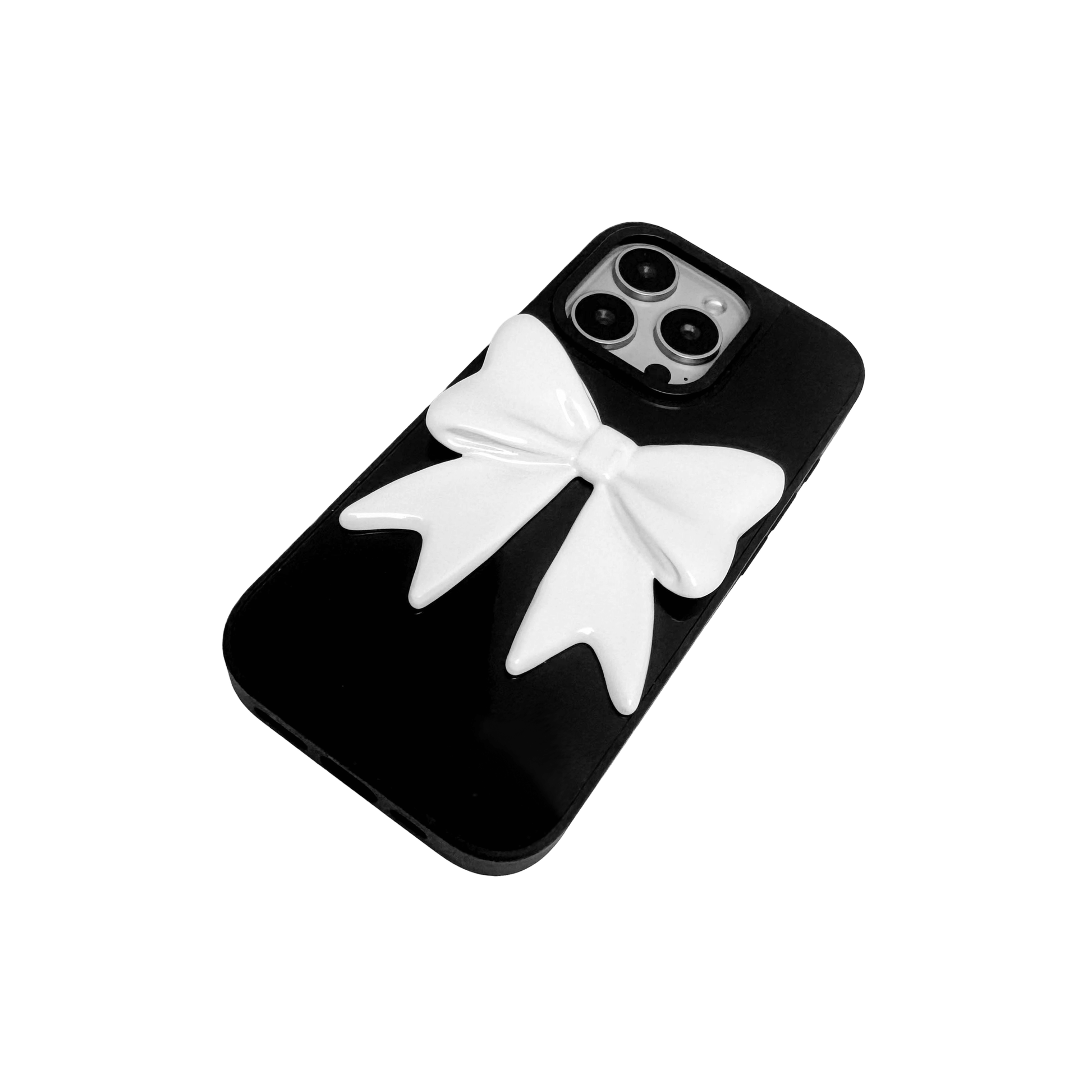 Monochrome Bow iPhone Case in black and white, featuring a glossy 3D bow design on a clear base.