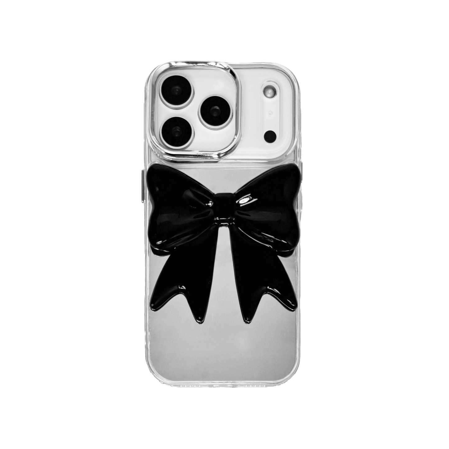 Monochrome Bow iPhone Case in black and white, featuring a glossy 3D bow design on a clear base.