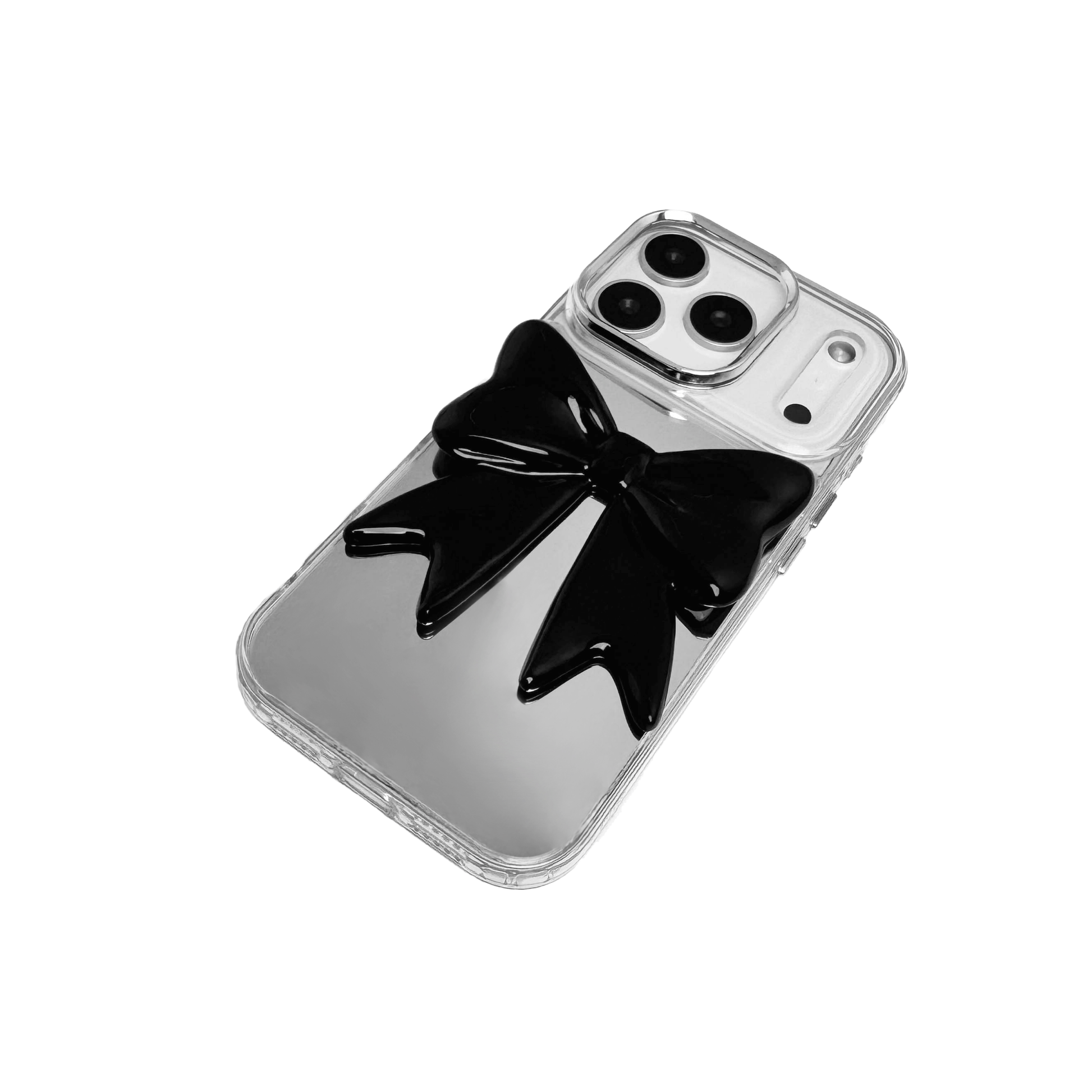 Monochrome Bow iPhone Case in black and white, featuring a glossy 3D bow design on a clear base.