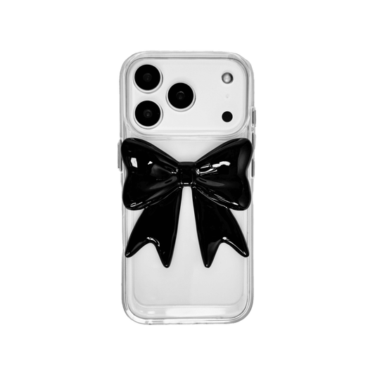 Monochrome Bow iPhone Case in black and white, featuring a glossy 3D bow design on a clear base.