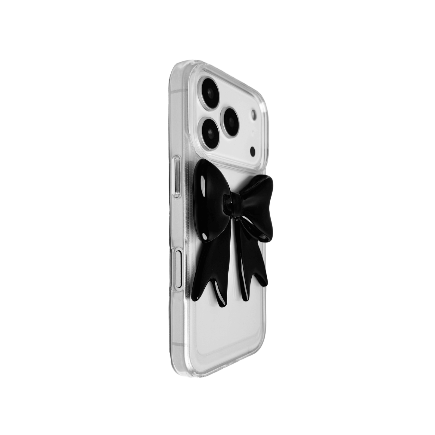 Monochrome Bow iPhone Case in black and white, featuring a glossy 3D bow design on a clear base.