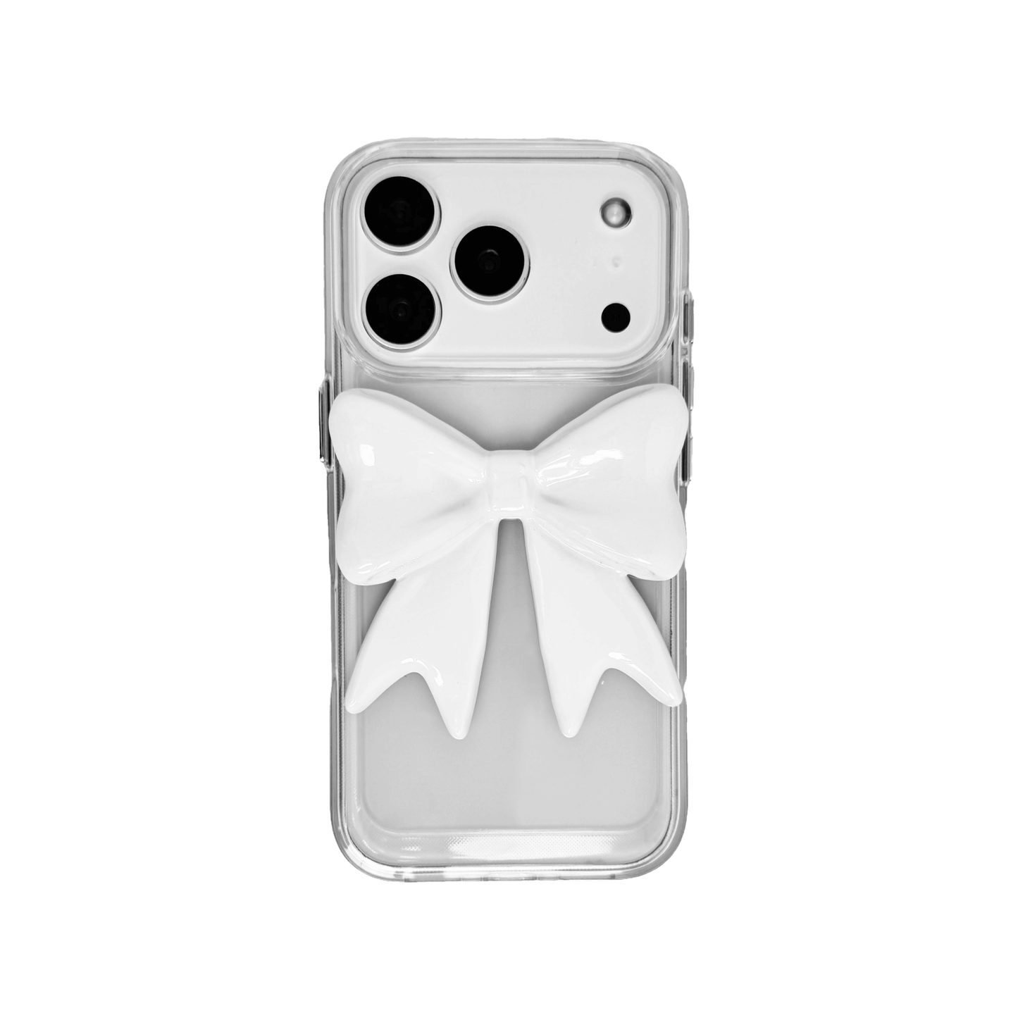Monochrome Bow iPhone Case in black and white, featuring a glossy 3D bow design on a clear base.