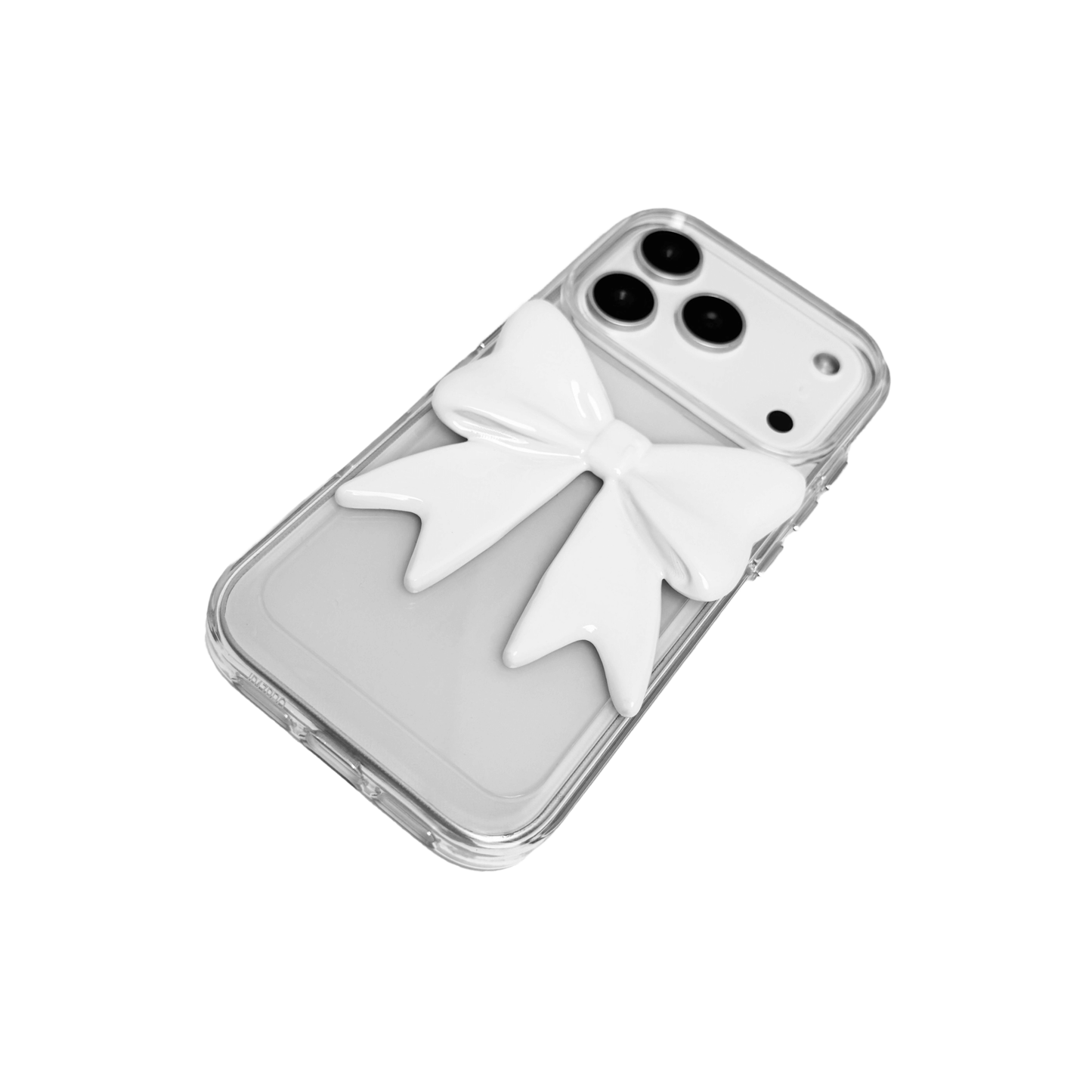 Monochrome Bow iPhone Case in black and white, featuring a glossy 3D bow design on a clear base.