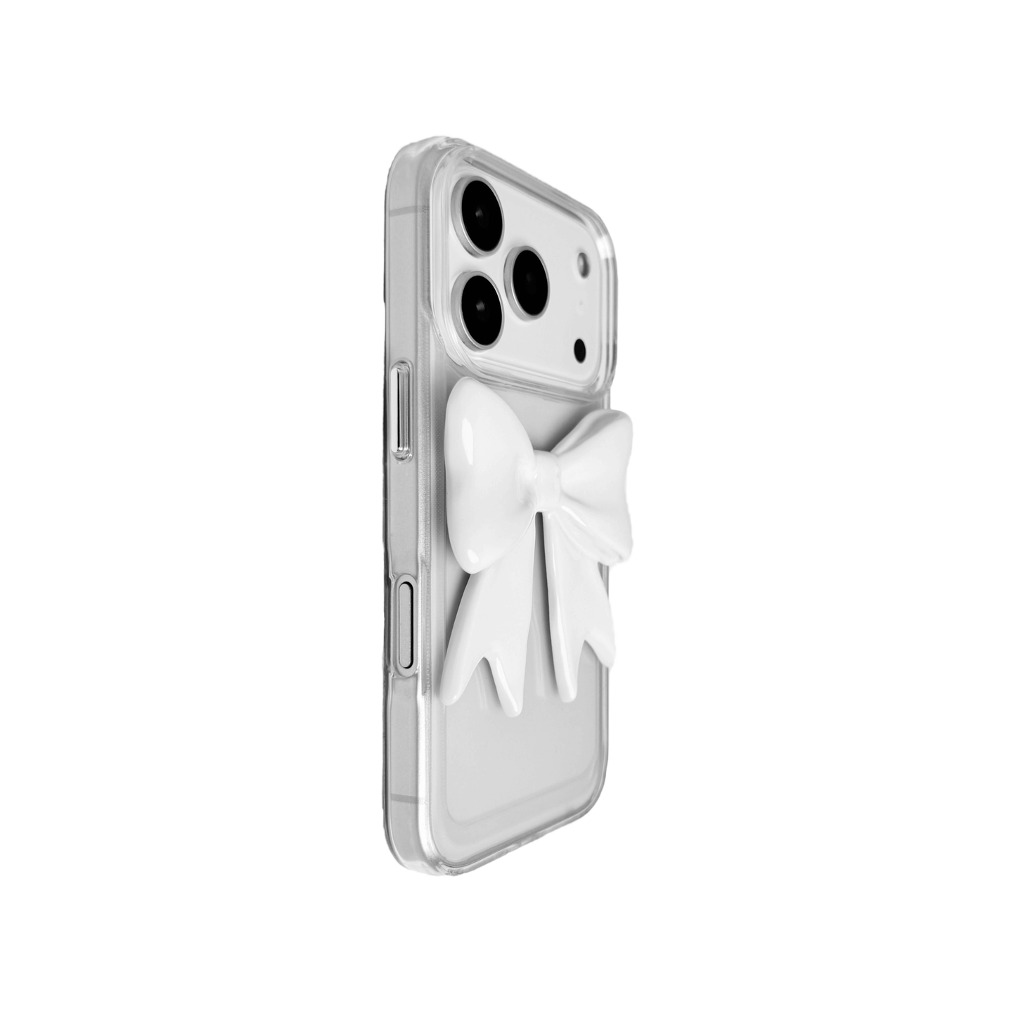 Monochrome Bow iPhone Case in black and white, featuring a glossy 3D bow design on a clear base.