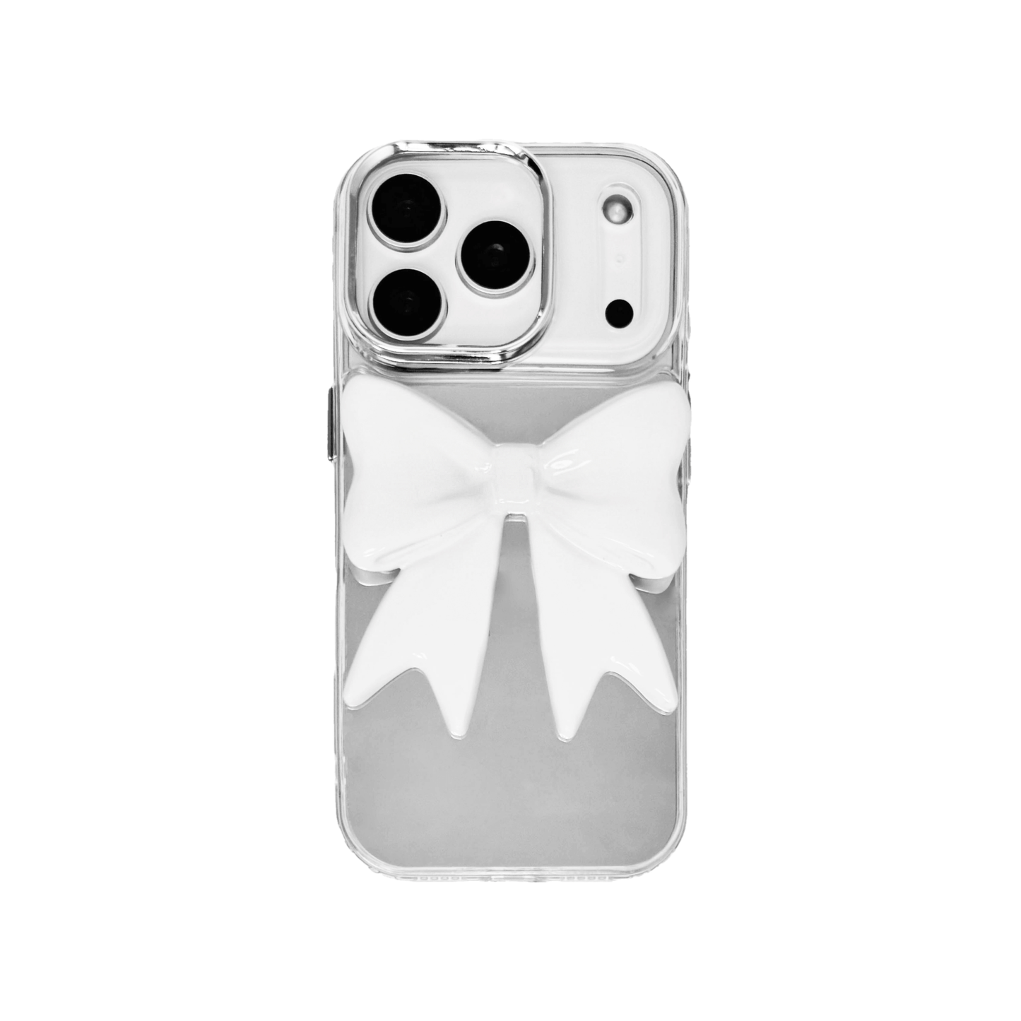 Monochrome Bow iPhone Case in black and white, featuring a glossy 3D bow design on a clear base.