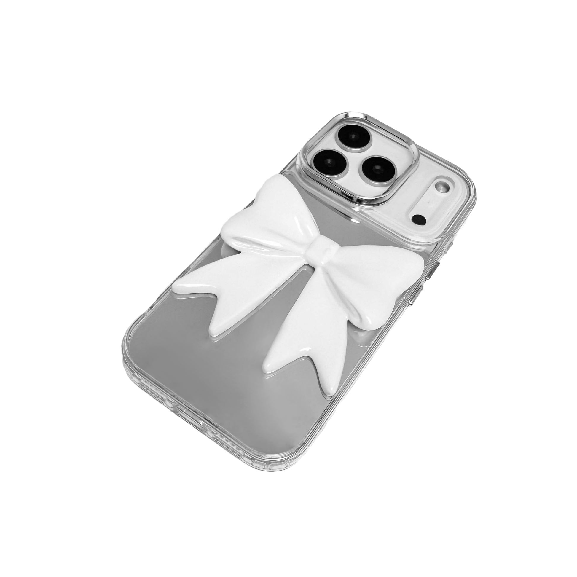 Monochrome Bow iPhone Case in black and white, featuring a glossy 3D bow design on a clear base.