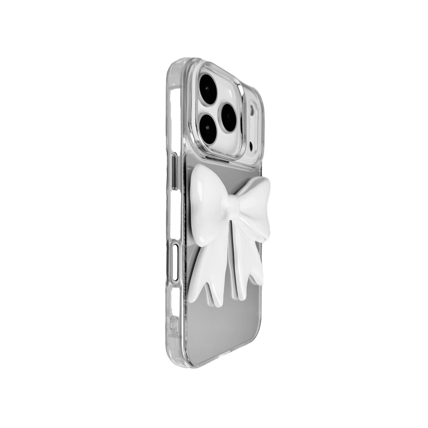 Monochrome Bow iPhone Case in black and white, featuring a glossy 3D bow design on a clear base.