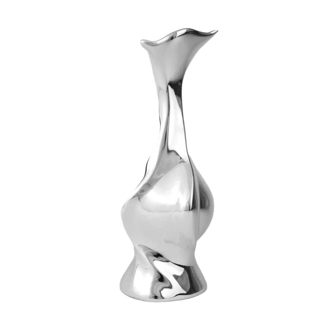 Futuristic chrome vase with fluid sculptural silhouette and blooming flower stem – high-shine metallic art object with organic elegance