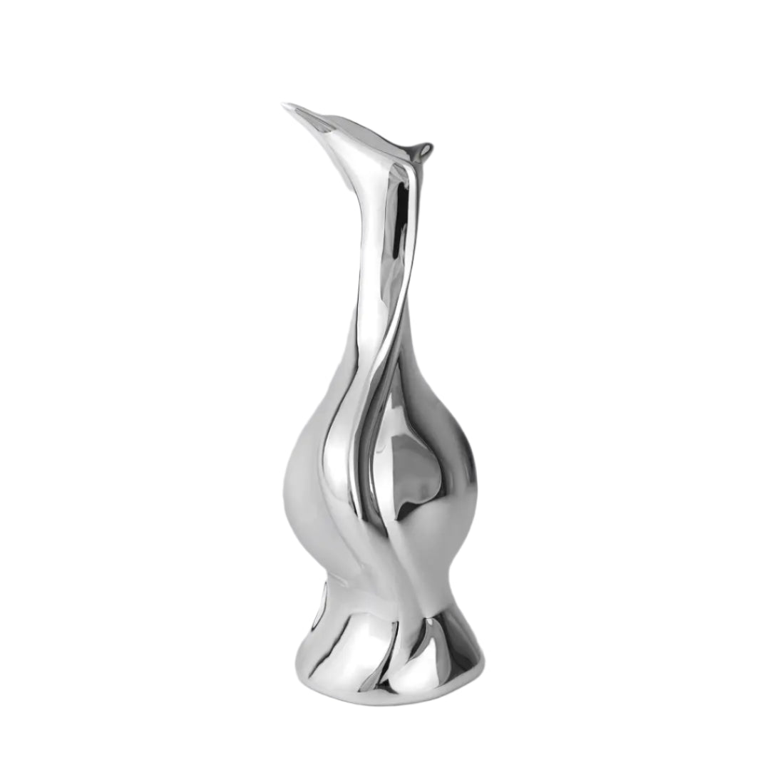 Futuristic chrome vase with fluid sculptural silhouette and blooming flower stem – high-shine metallic art object with organic elegance