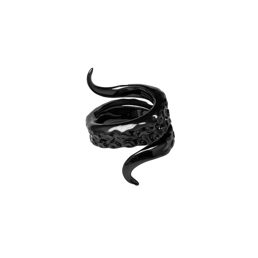 Octopus Ring — tentacle-shaped ring available in silver and black, featuring detailed suckers and a coiled design inspired by deep-sea creatures.