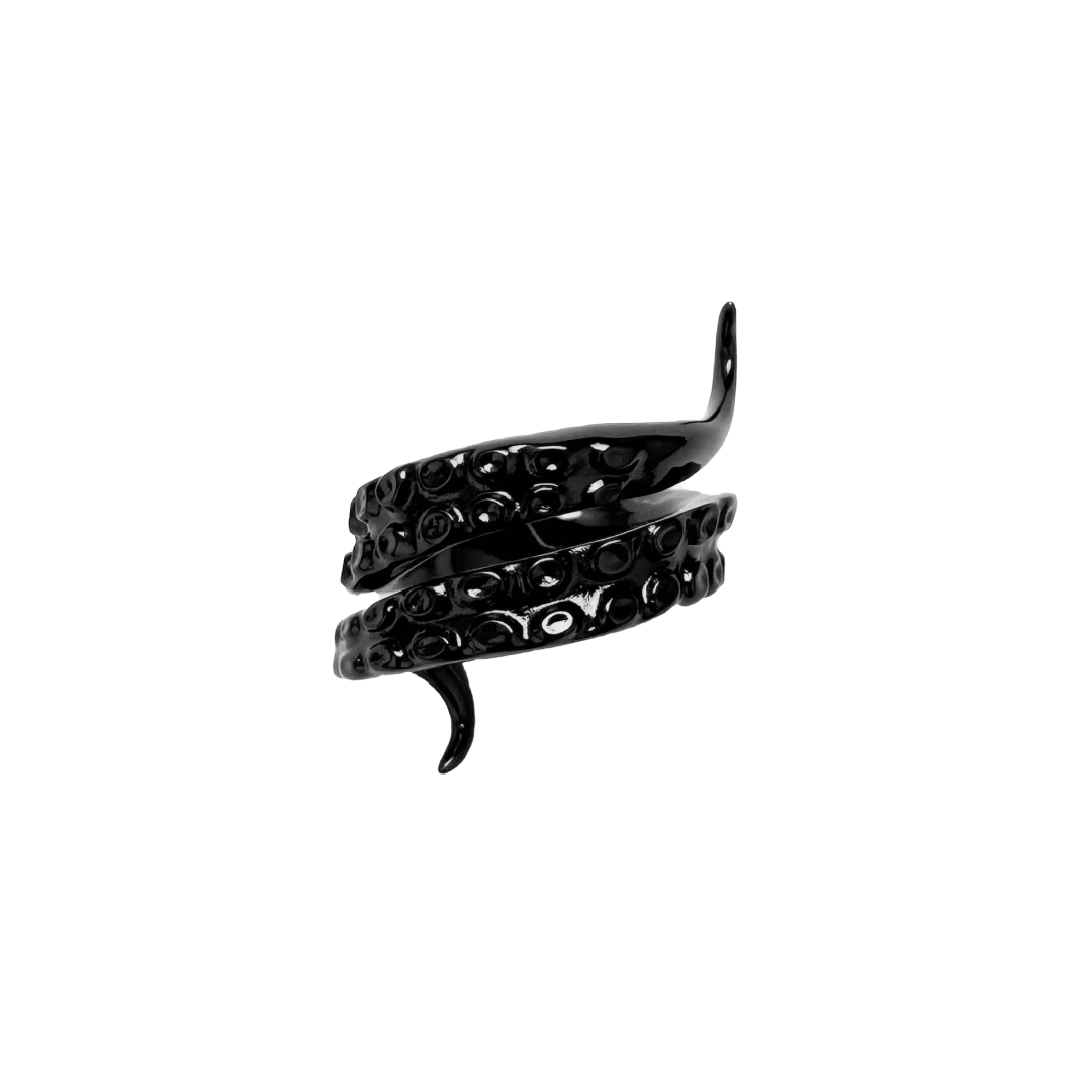 Octopus Ring — tentacle-shaped ring available in silver and black, featuring detailed suckers and a coiled design inspired by deep-sea creatures.