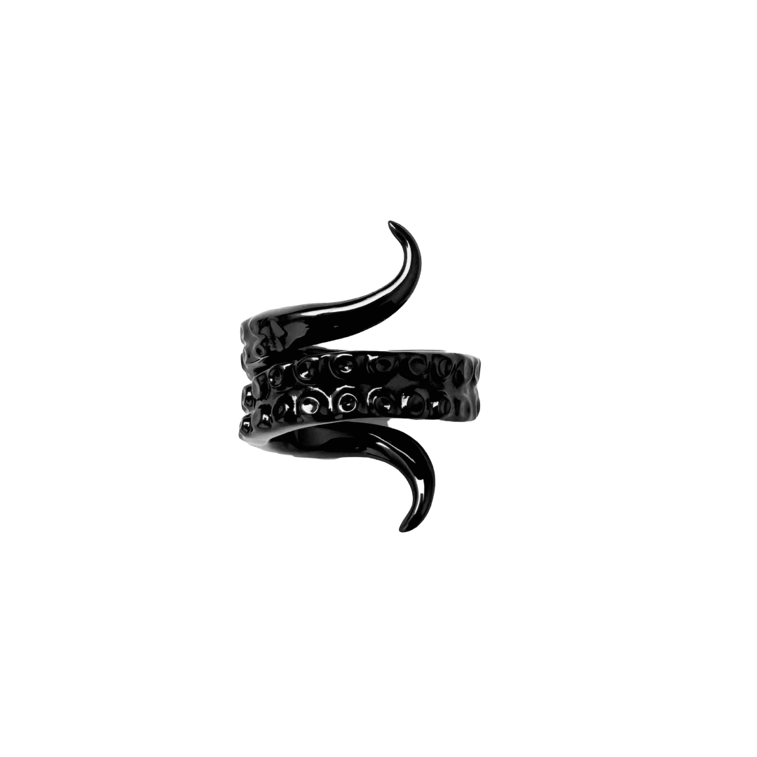 Octopus Ring — tentacle-shaped ring available in silver and black, featuring detailed suckers and a coiled design inspired by deep-sea creatures.