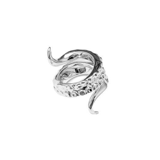 Octopus Ring — tentacle-shaped ring available in silver and black, featuring detailed suckers and a coiled design inspired by deep-sea creatures.
