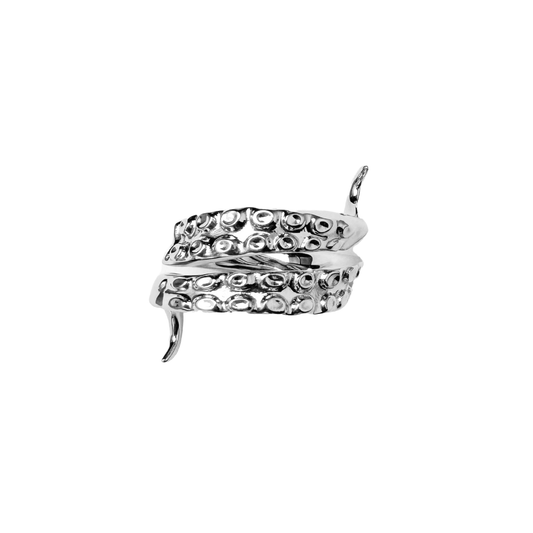 Octopus Ring — tentacle-shaped ring available in silver and black, featuring detailed suckers and a coiled design inspired by deep-sea creatures.