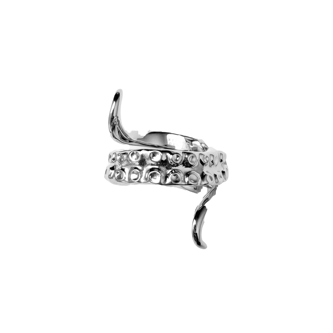 Octopus Ring — tentacle-shaped ring available in silver and black, featuring detailed suckers and a coiled design inspired by deep-sea creatures.