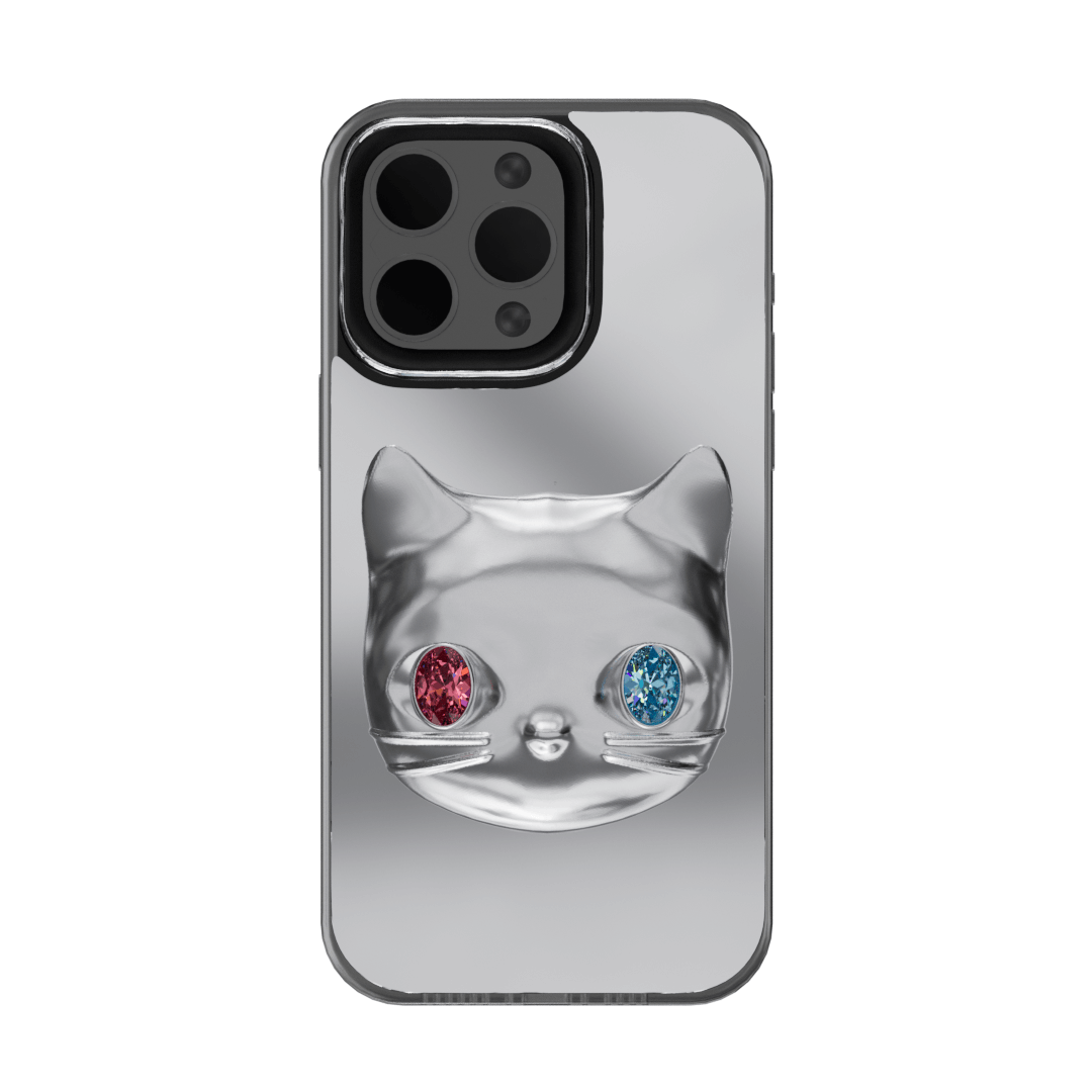 Silver mirror iPhone case with 3D cat face design, featuring mismatched gem eyes in blue and yellow — perfect for a quirky, futuristic feline aesthetic.