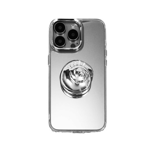 3D silver spiral seashell design centered on matte iPhone case, embedded with spherical accents.