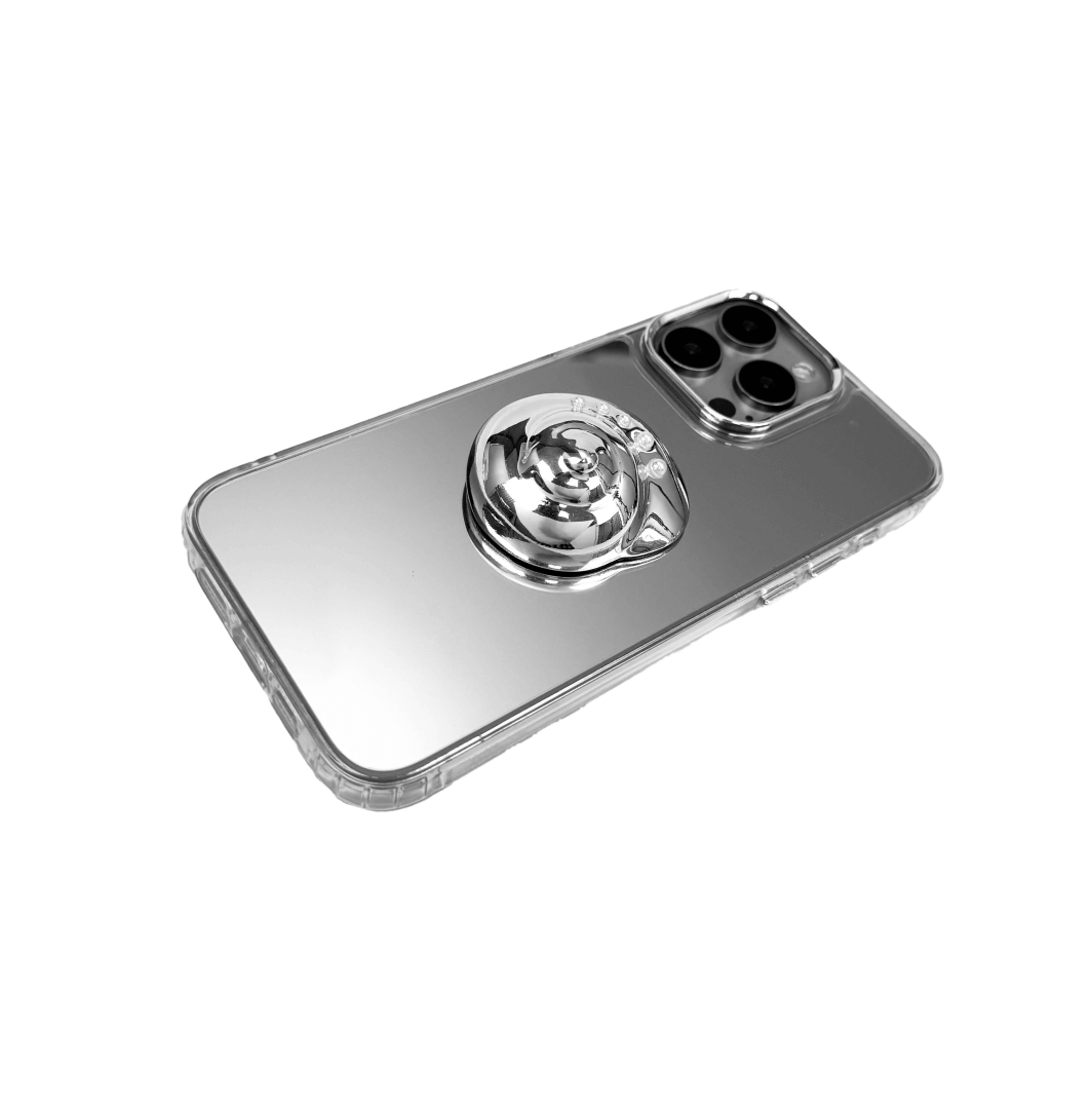 3D silver spiral seashell design centered on matte iPhone case, embedded with spherical accents.