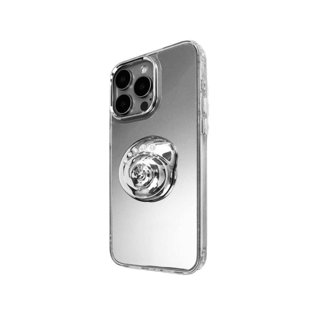 3D silver spiral seashell design centered on matte iPhone case, embedded with spherical accents.